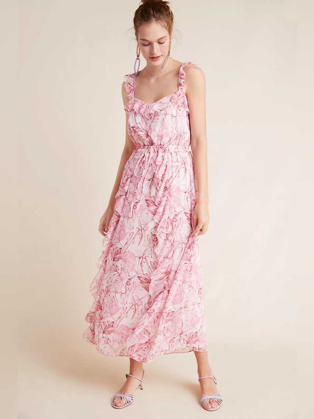 Gal Meets Glam x Anthropologie Cheryl Ruffle Maxi Dress Pink White Size 4